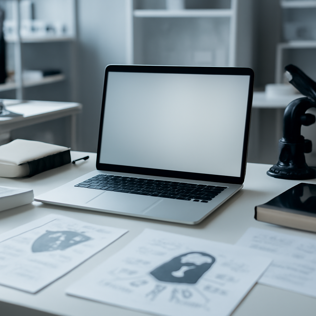 Modern computer security research facility with a laptop workstation surrounded by papers, books, and technical devices.