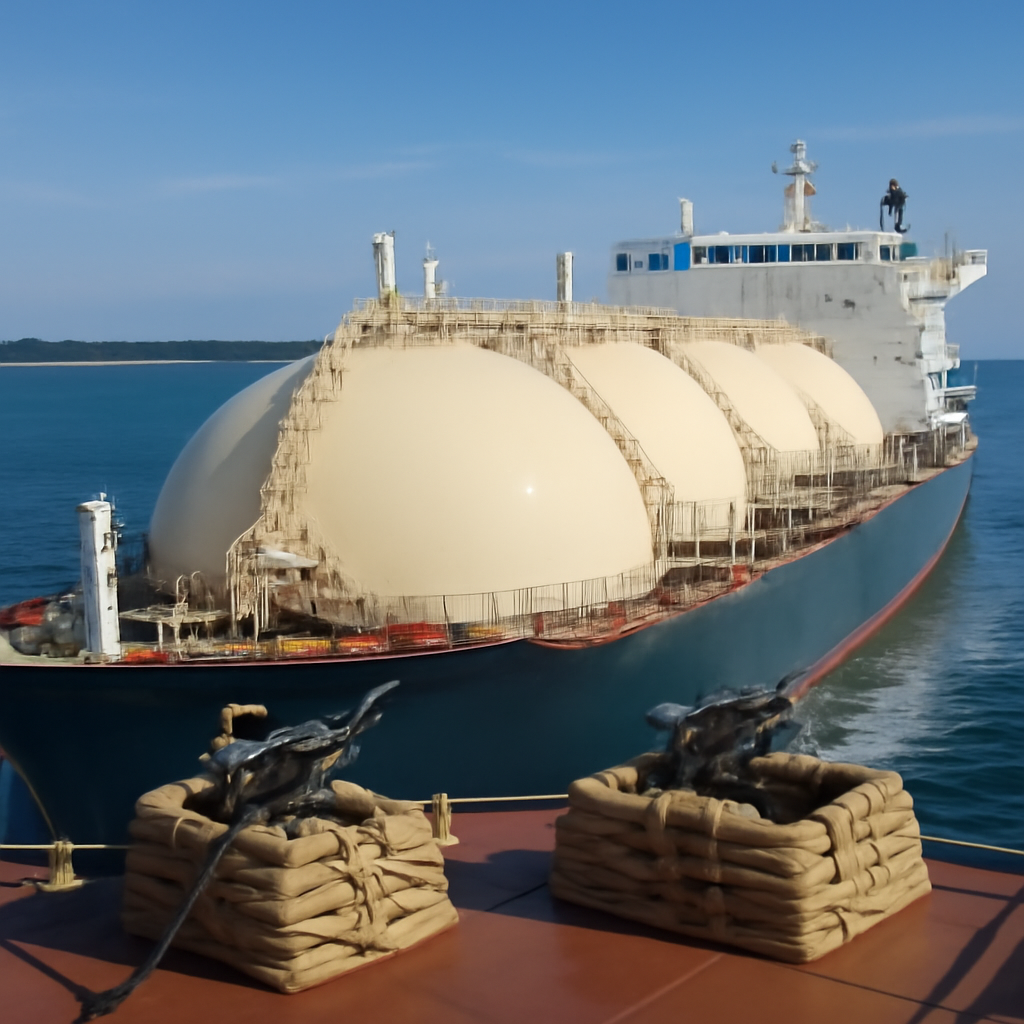 Liquefied natural gas tanker with sandbagged machine gun positions on deck sailing past coastline.