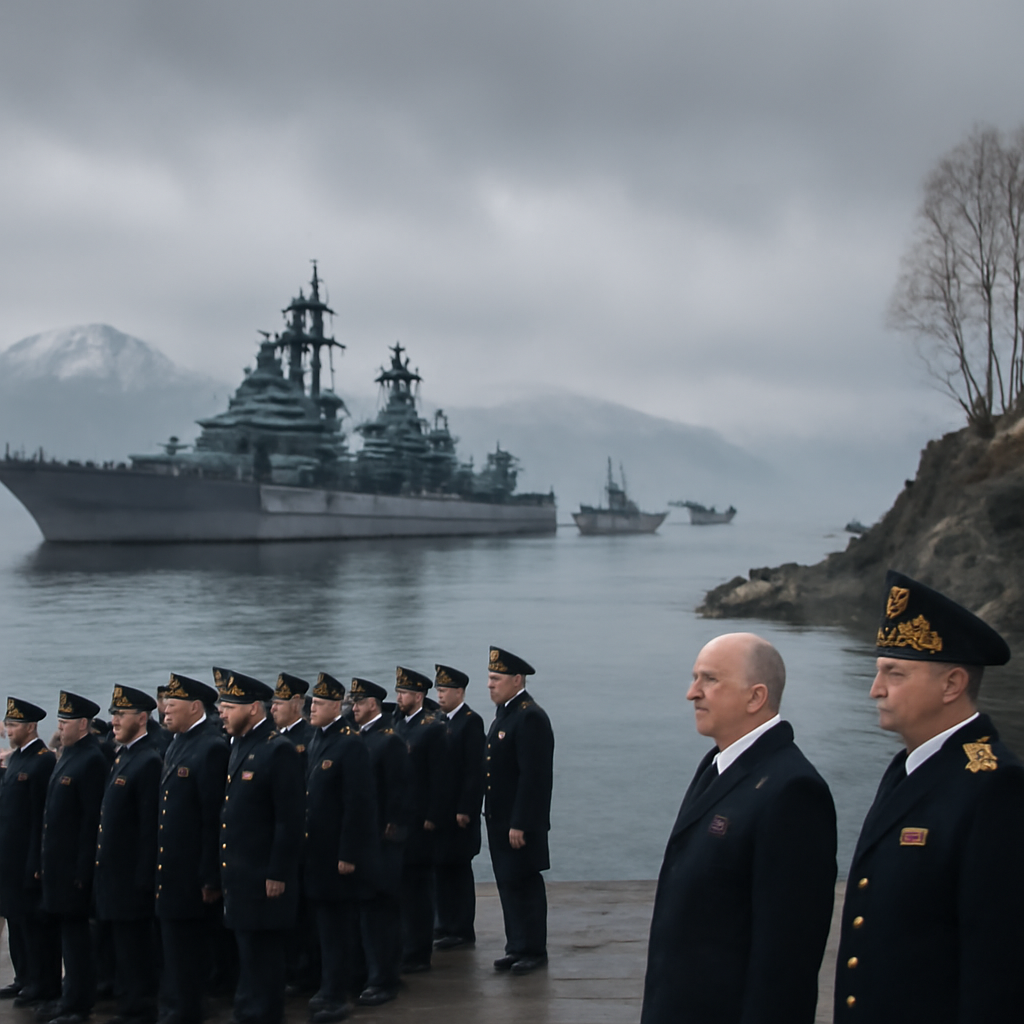 Russian naval vessel and personnel in misty harbor with snow-capped islands.