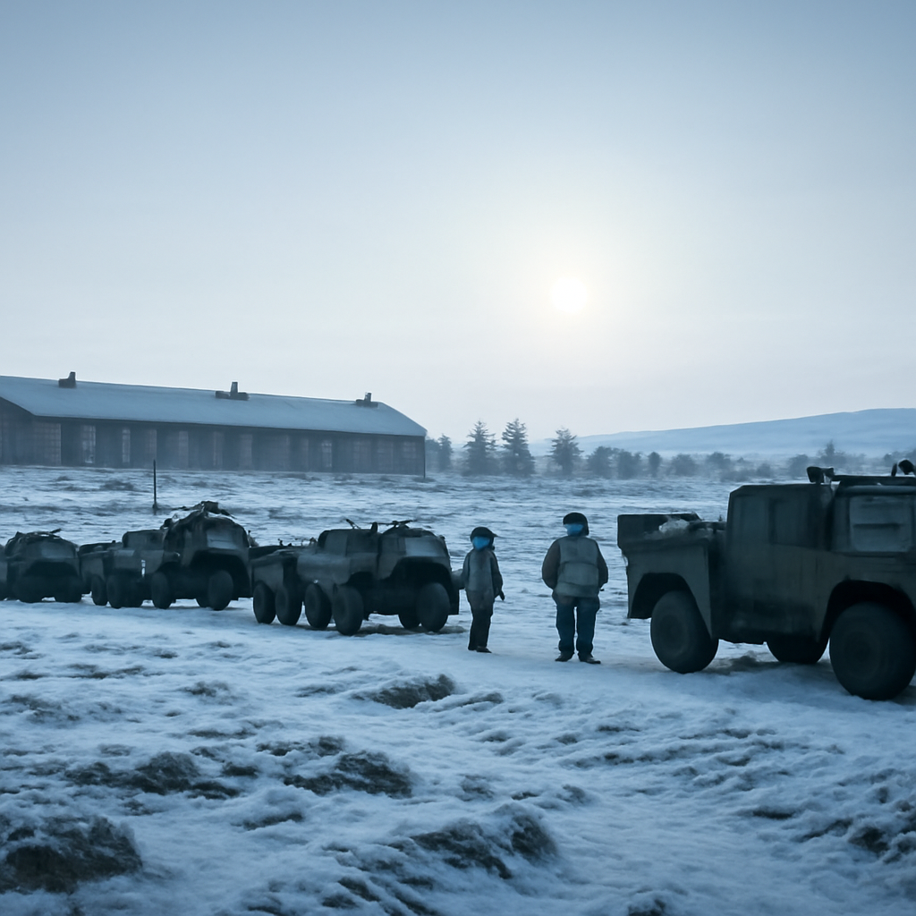 Military vehicles and personnel deployed across a snow-covered landscape with a distant barracks.