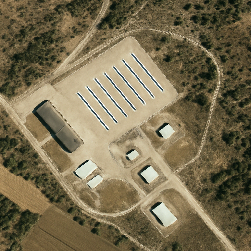 Rural site with rows of drone launch rails and storage facilities under bright daylight.