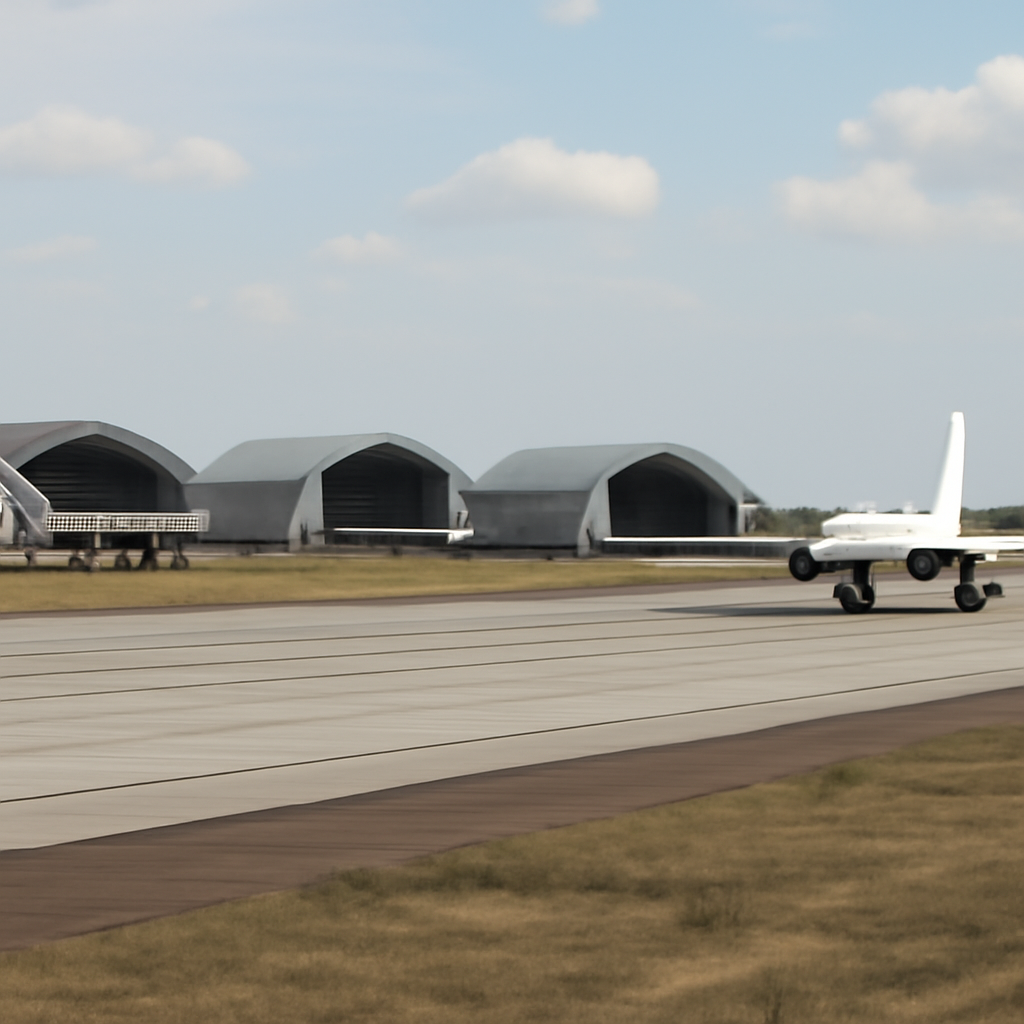 Partially constructed shelters and a runway sit on a large airfield at Engels Air Base.