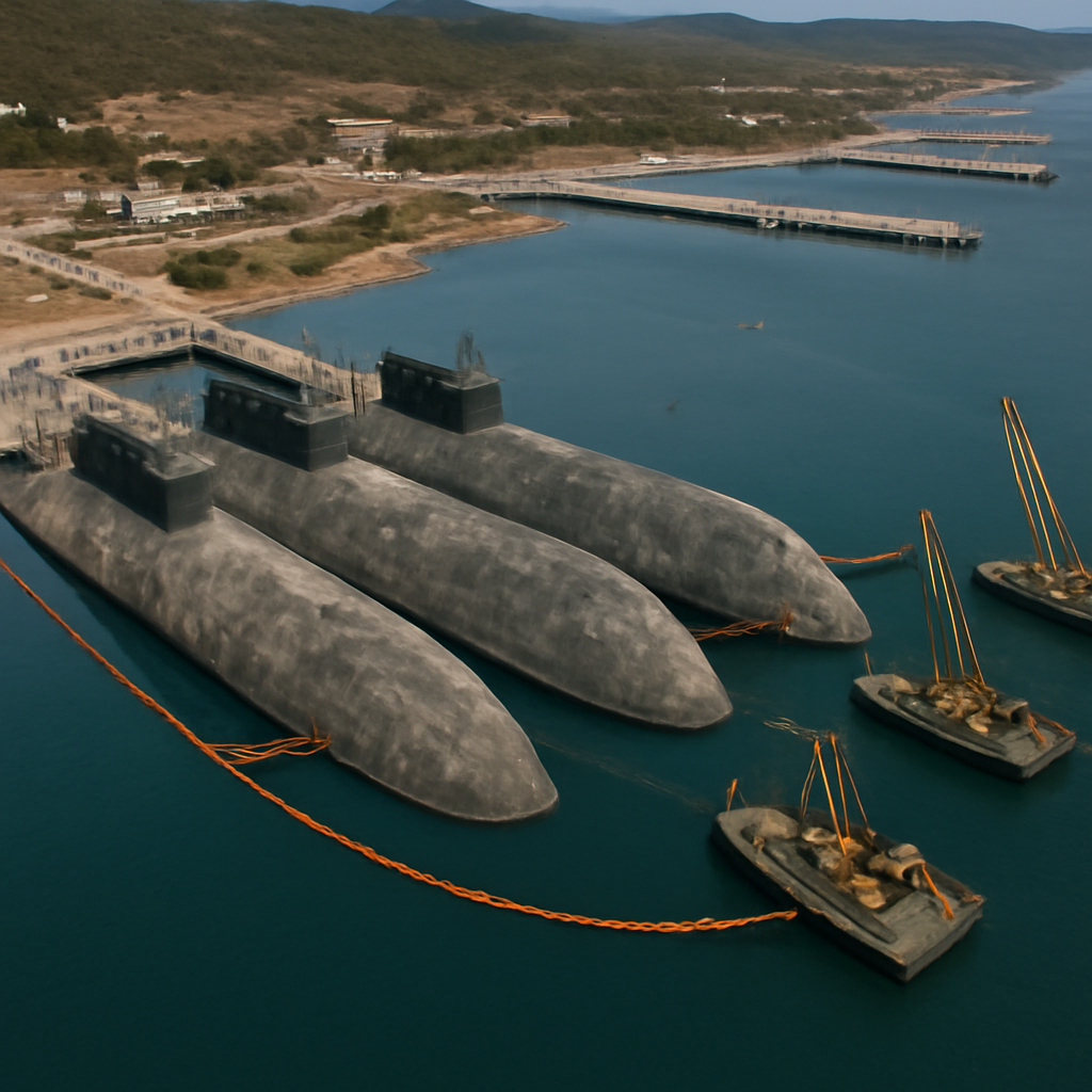Russian Navy submarines moored with protective netting, surrounded by piers, crane barges, and coastal landscape.