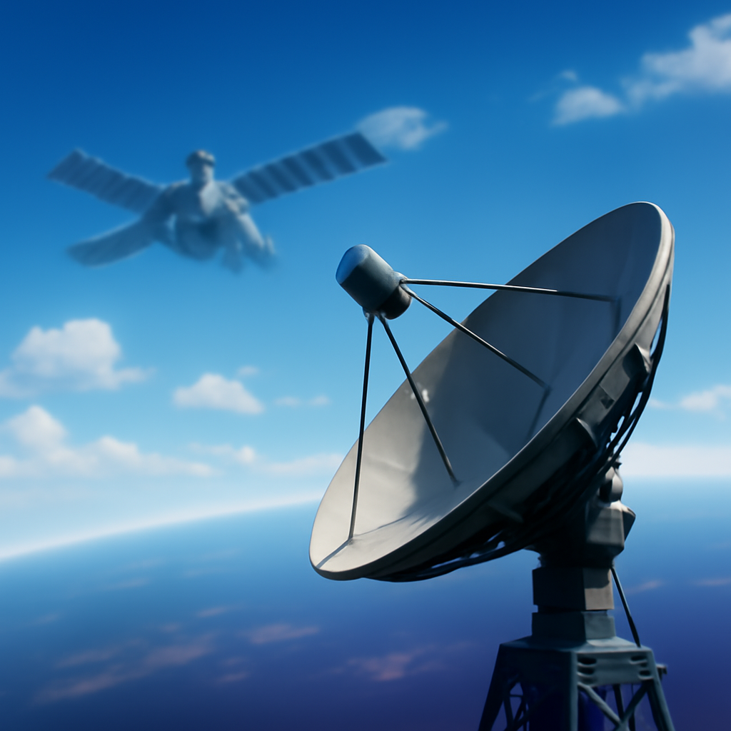 Satellite dish on Earth with blurred satellite in background against blue sky.