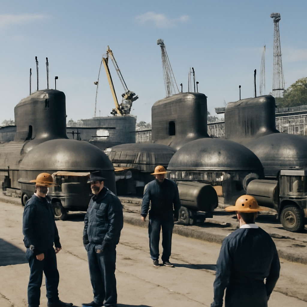 Russian naval base with docked nuclear-powered submarines and personnel.