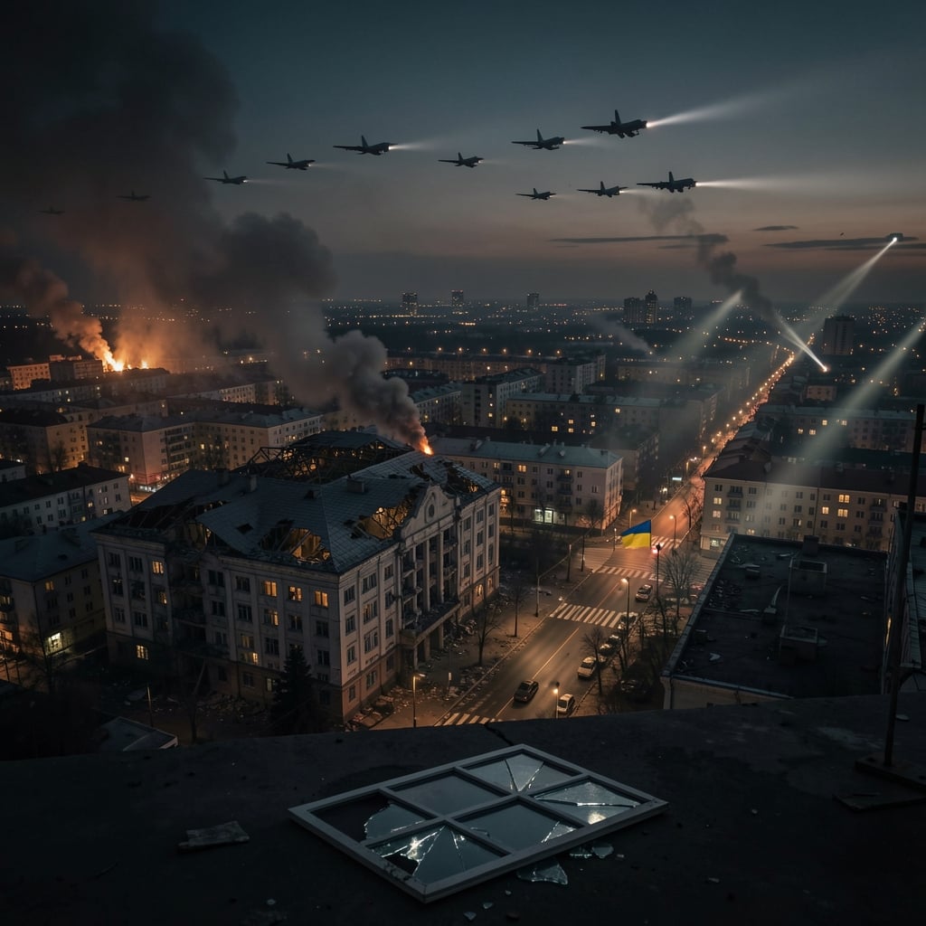 Dark aerial view of cityscape at dusk with smoke, flickering lights, and damaged buildings.