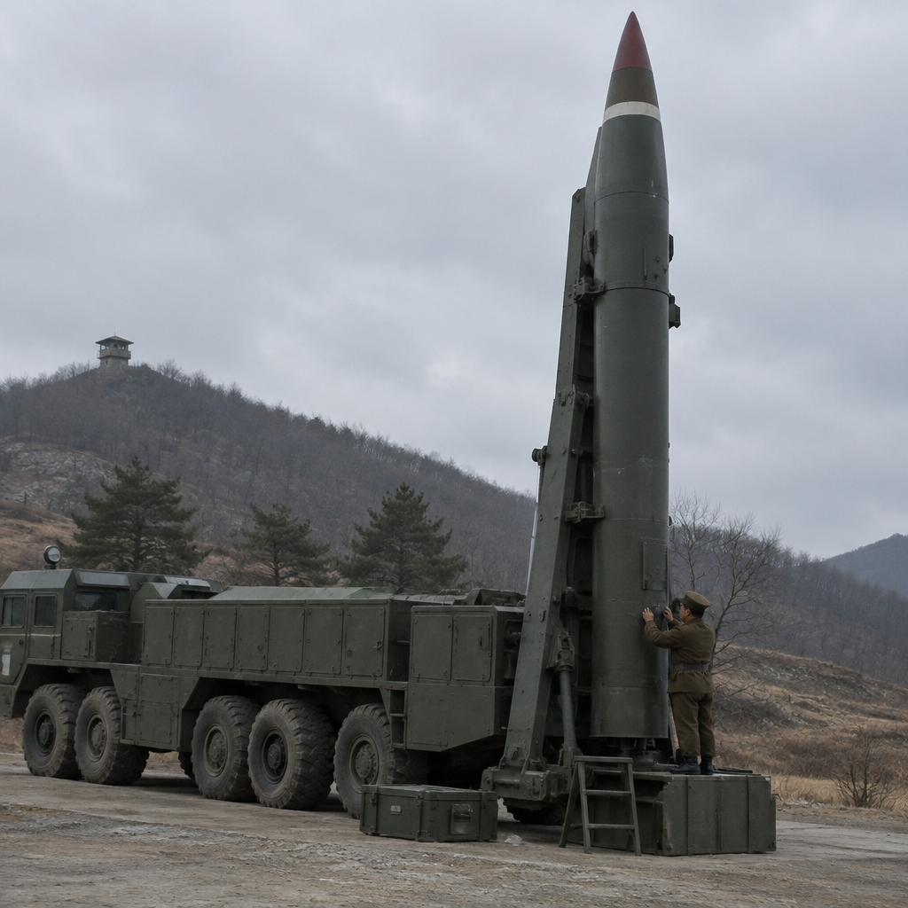 North Korean missile launcher in remote landscape with military personnel.