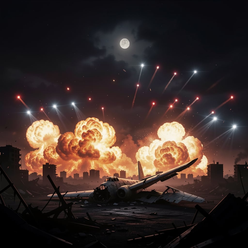 Dark night sky lit by explosions, cityscape in ruins, air raid sirens flashing, and a broken wing of a destroyed aircraft.