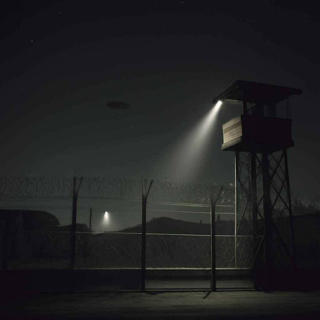 Nighttime scene of a military base with a spotlight on the fence and a vague, small, dark shape in the distance.