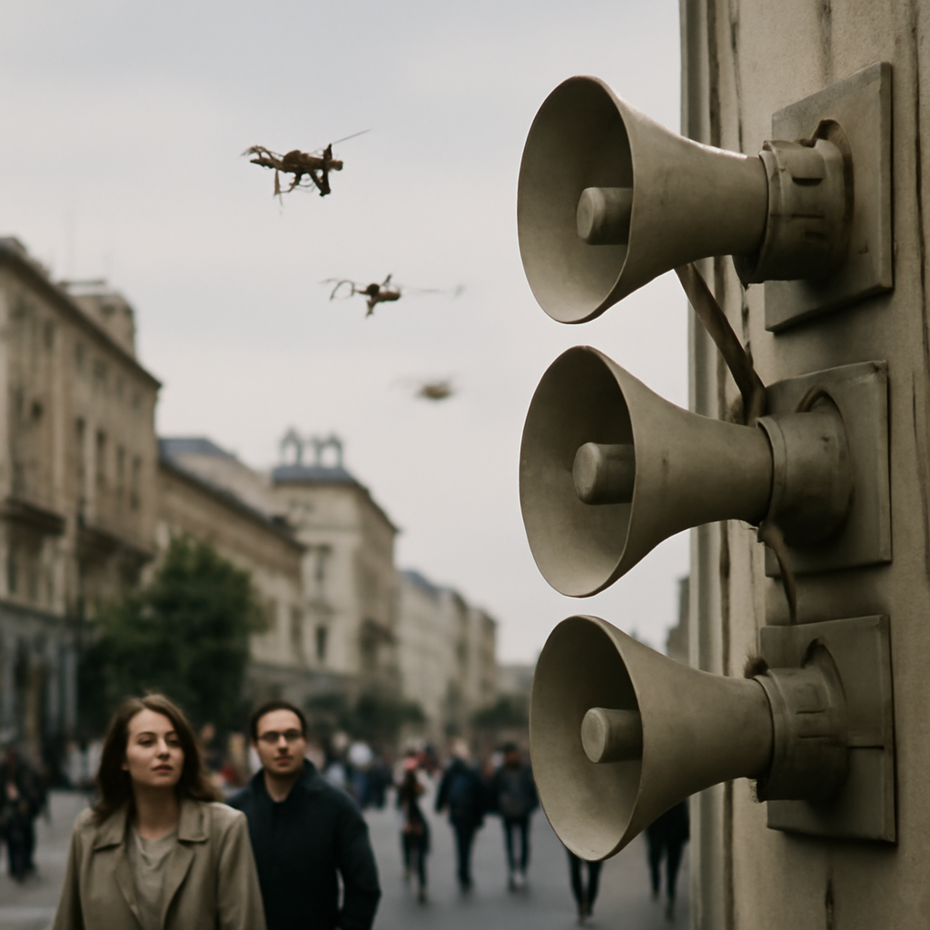 Kyiv city street with air raid sirens and low-flying drones.