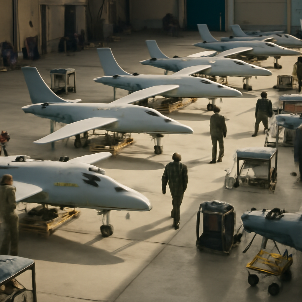 Rows of jet-powered drones on assembly lines or a concrete apron, surrounded by industrial equipment and personnel.