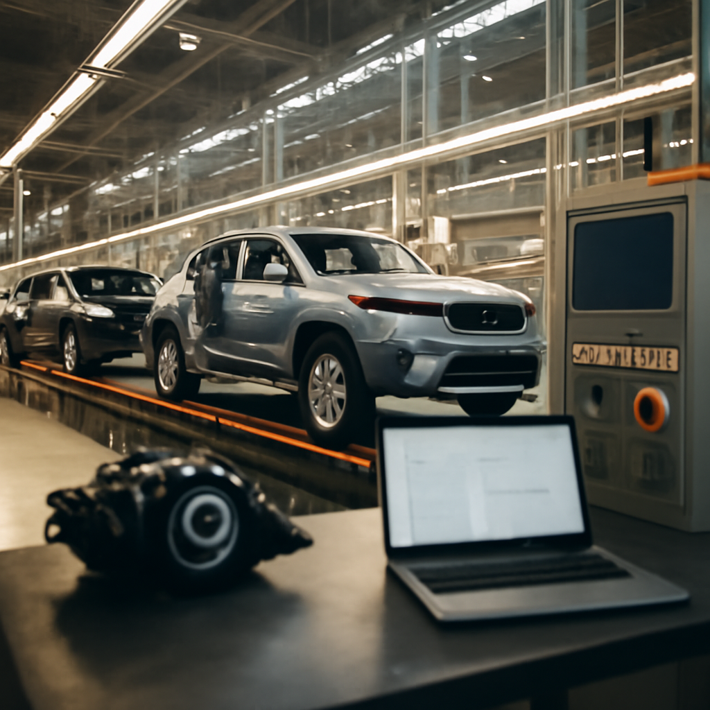 Jaguar Land Rover factory interior with vehicles on assembly line and industrial equipment.