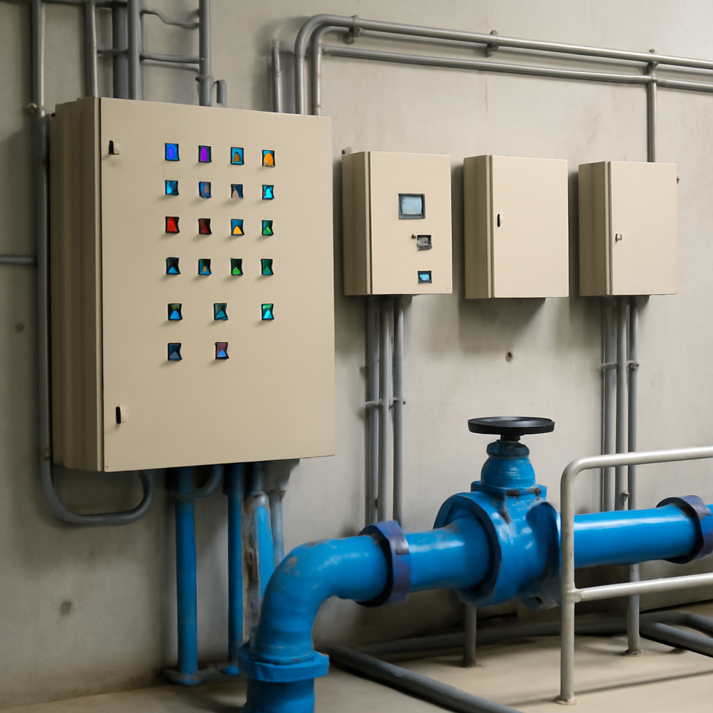 Control room with exposed management panels and industrial equipment on a neutral-colored wall.