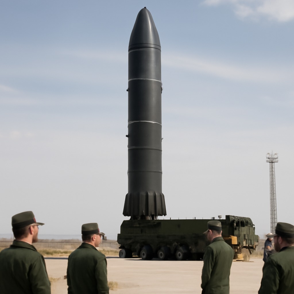 RS-28 Sarmat intercontinental ballistic missile on a launchpad with military personnel in the background.