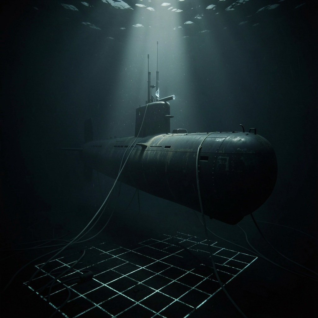 Submarine looms in dark ocean depths, periscope slicing through water, with faint grid of undersea cables below.