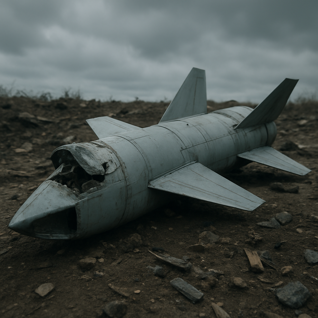 Damaged S-71K missile lies on rugged ground amidst debris under cloudy daylight.