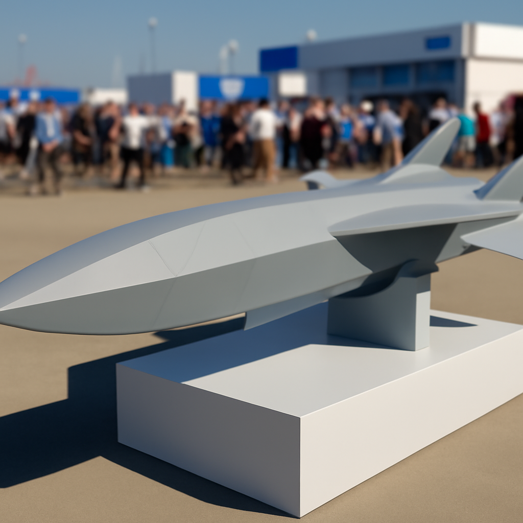 Stealthy air-launched missile displayed on podium at airshow with blurred crowd.