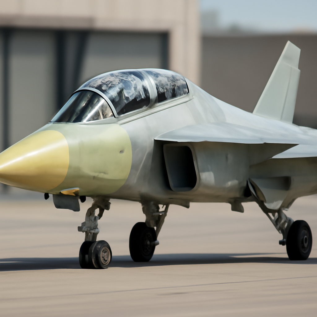 Two-seat variant of a fighter jet undergoing taxi trials at an airfield.