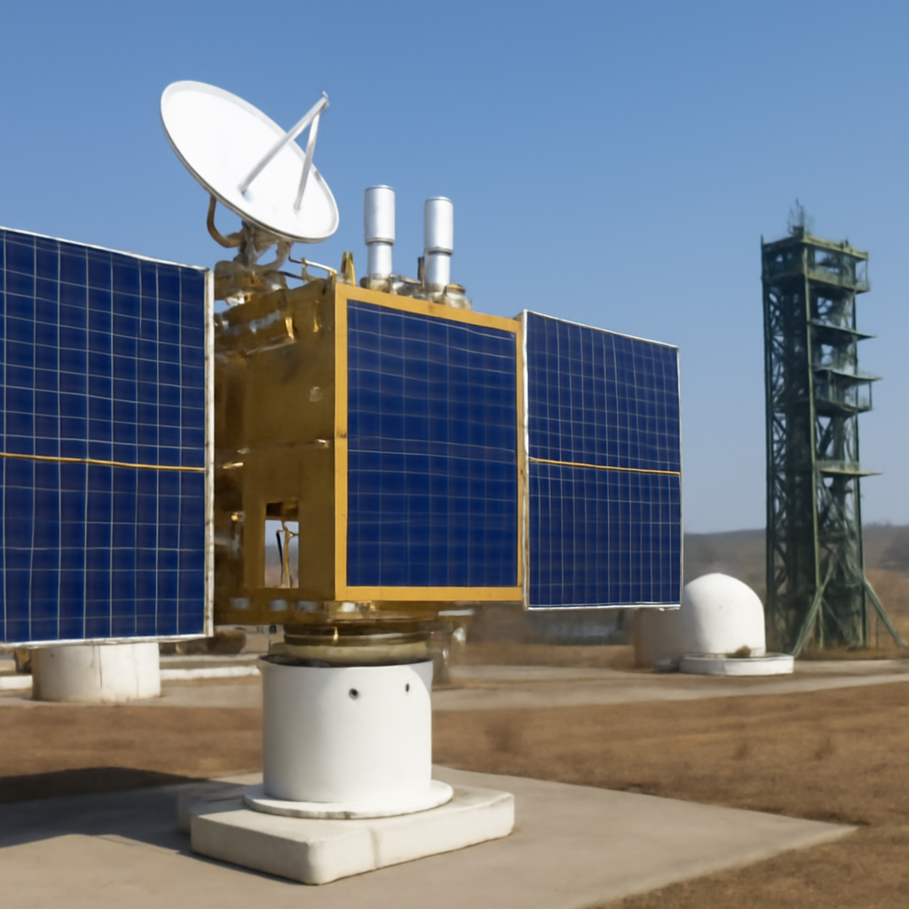 Satellite mockup at a launch site with a clear sky in the background.