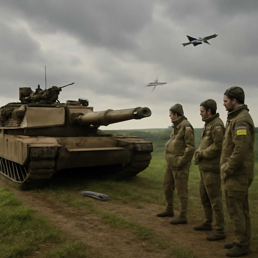 Ukrainian military personnel stand near a grounded M1 Abrams tank with Russian drones visible in the background.