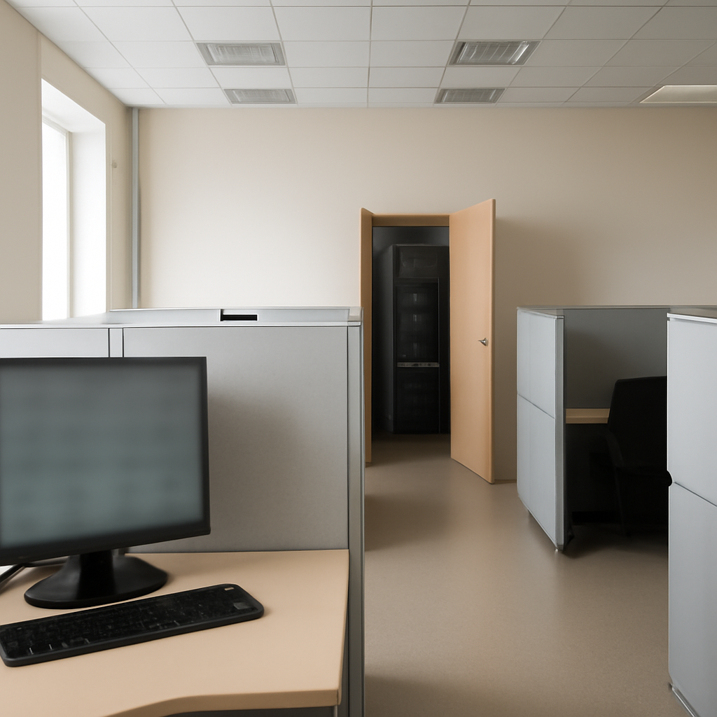 Empty Russian office interior with cubicles, server room door ajar, and blurred computer screen on a desk near a window.