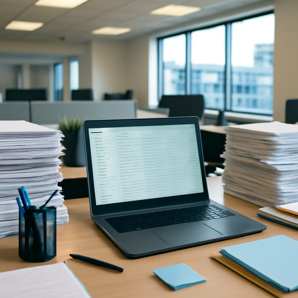 Empty office with computer workstation, papers, and supplies, cityscape visible through window.