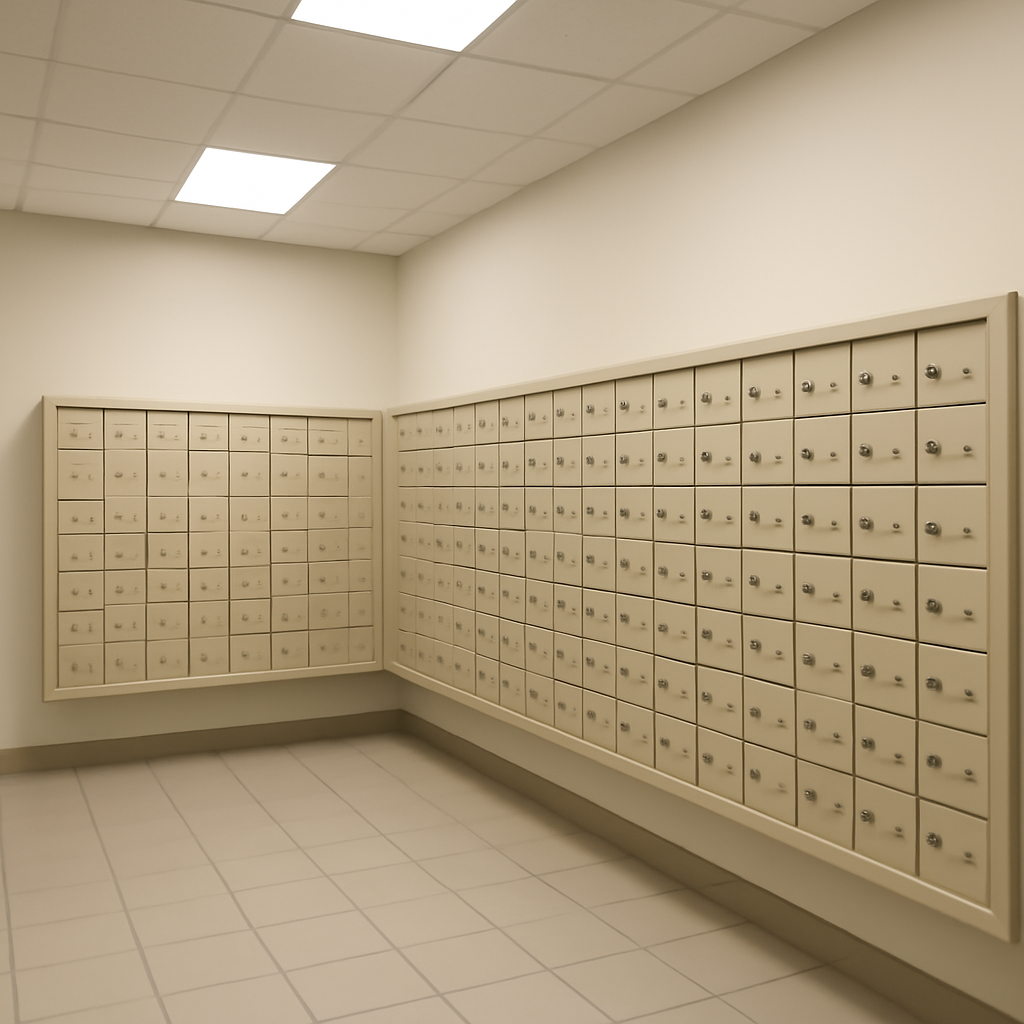 Rows of empty mailboxes in a brightly-lit office mailroom or mail processing area.