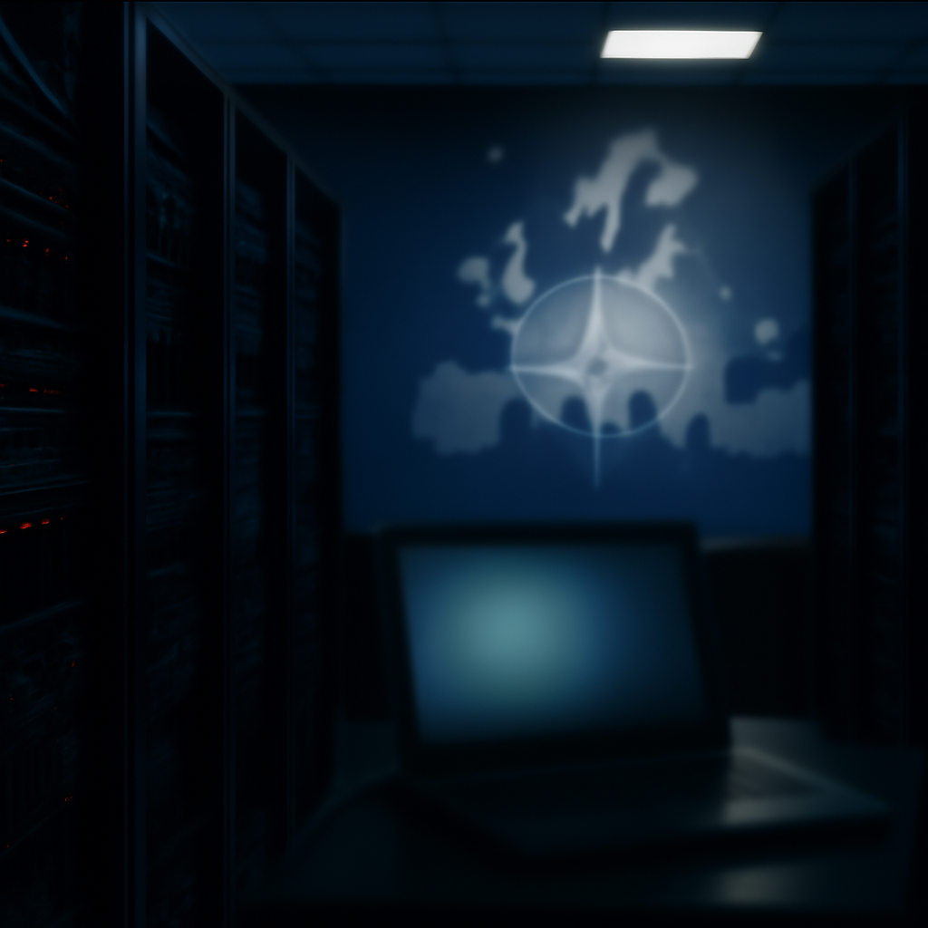 Secure server room with computer servers and networking equipment, blurred European map in background.