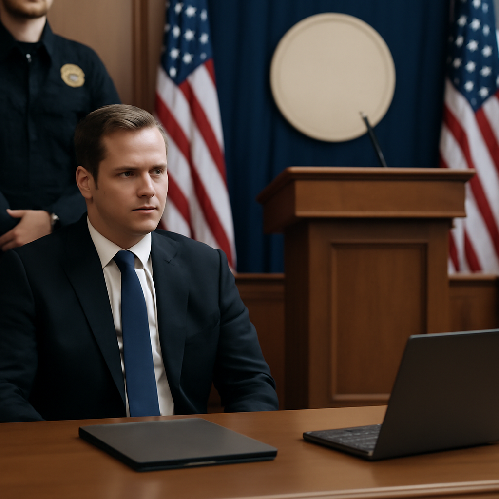Federal courthouse or government briefing room with podium and blank plaque.