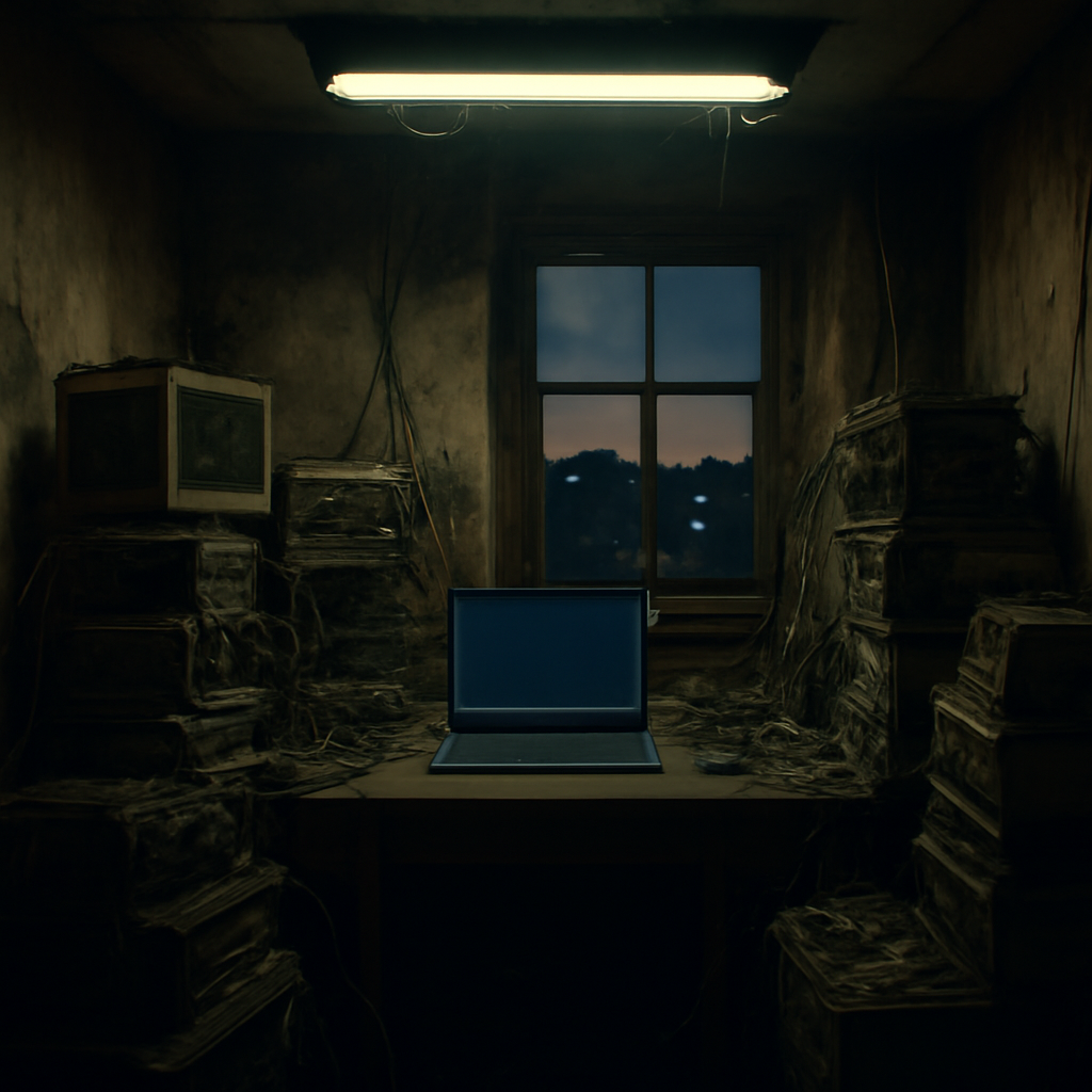 Cramped, dimly lit room with laptop on dusty desk surrounded by old computer equipment and wires.