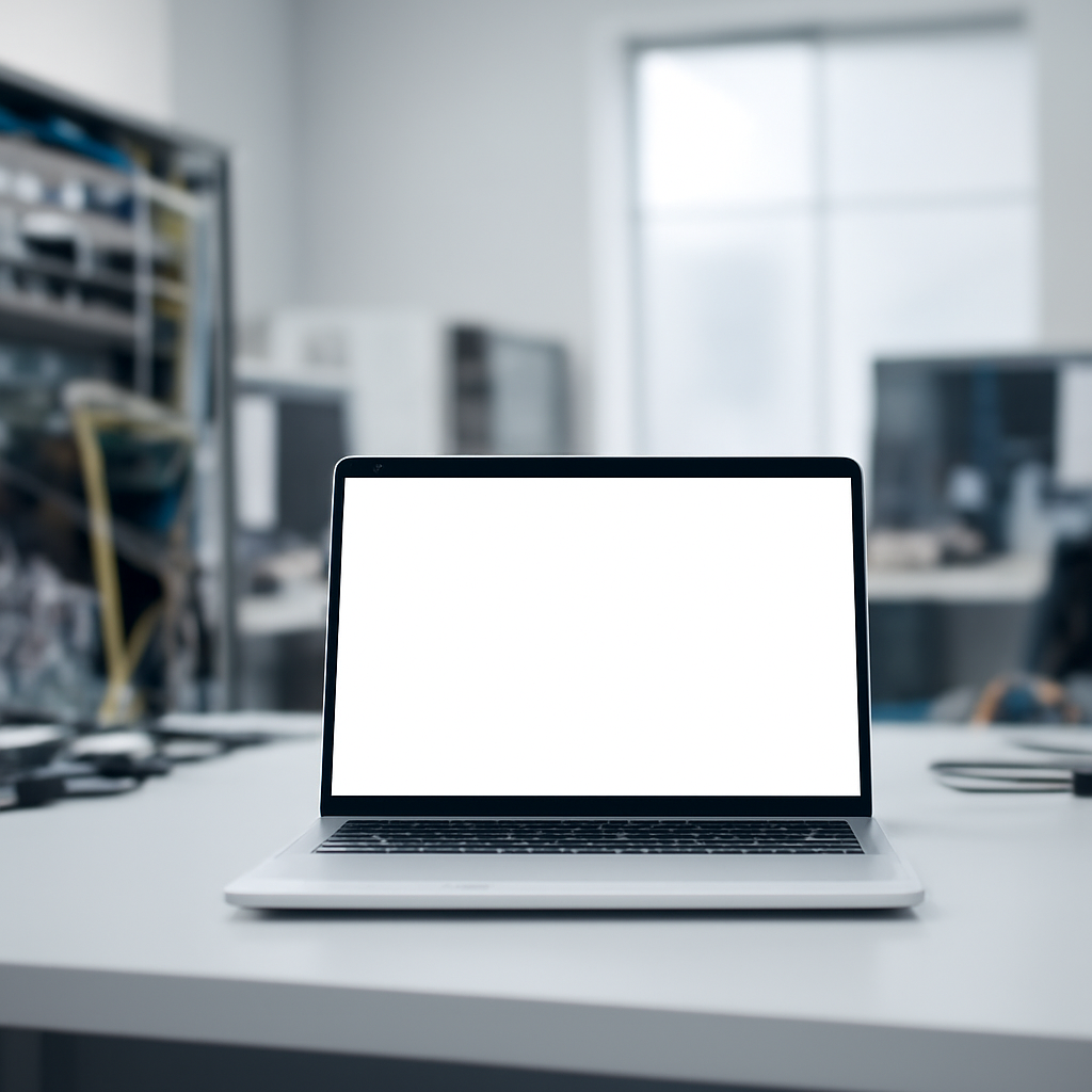Modern tech facility with a lone computer workstation in the foreground.