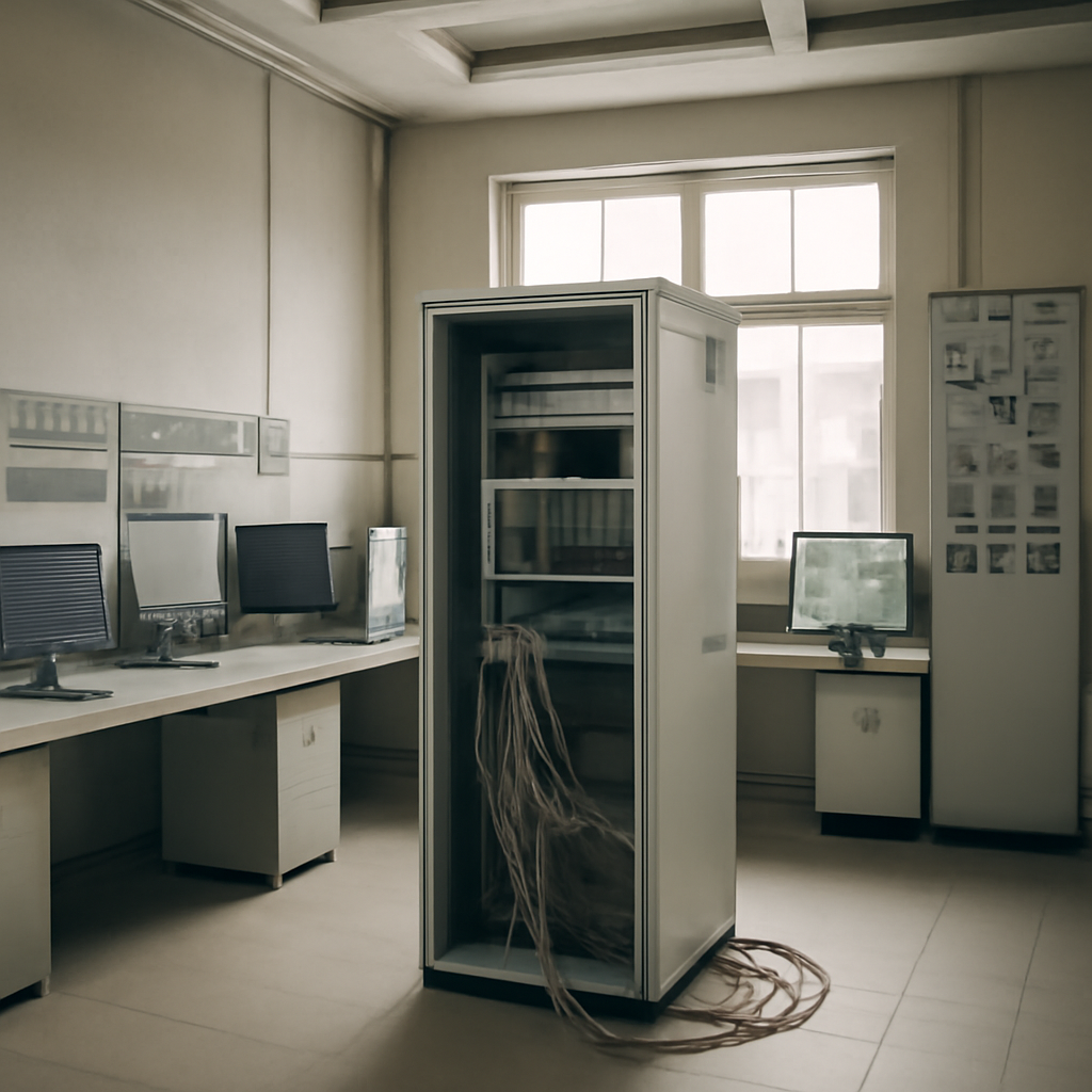 Industrial control room with scattered computer screens and panels, natural daylight through a large window.