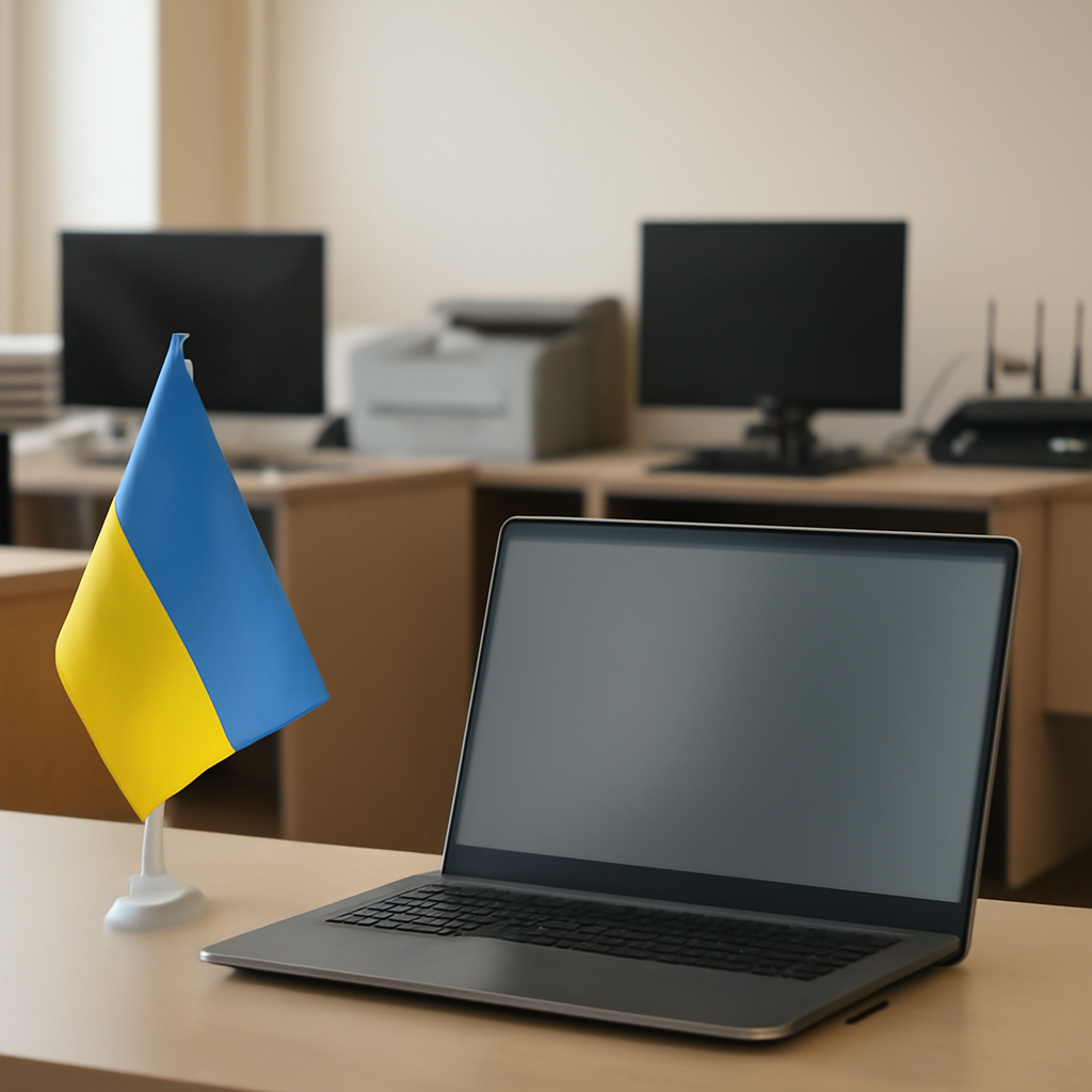 A Ukrainian office setting with computers and equipment, featuring a laptop screen on a desk in the foreground.