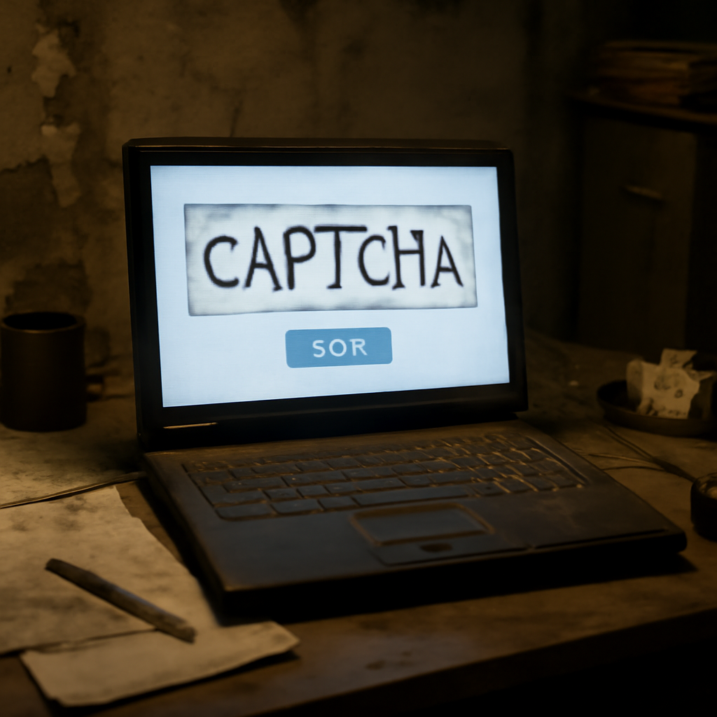 Dimly lit workstation with worn laptop showing distorted CAPTCHA prompt amidst clutter and broken office supplies.