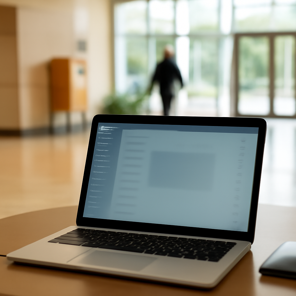 Government office building lobby with subtle email setup, blurred figure in background.