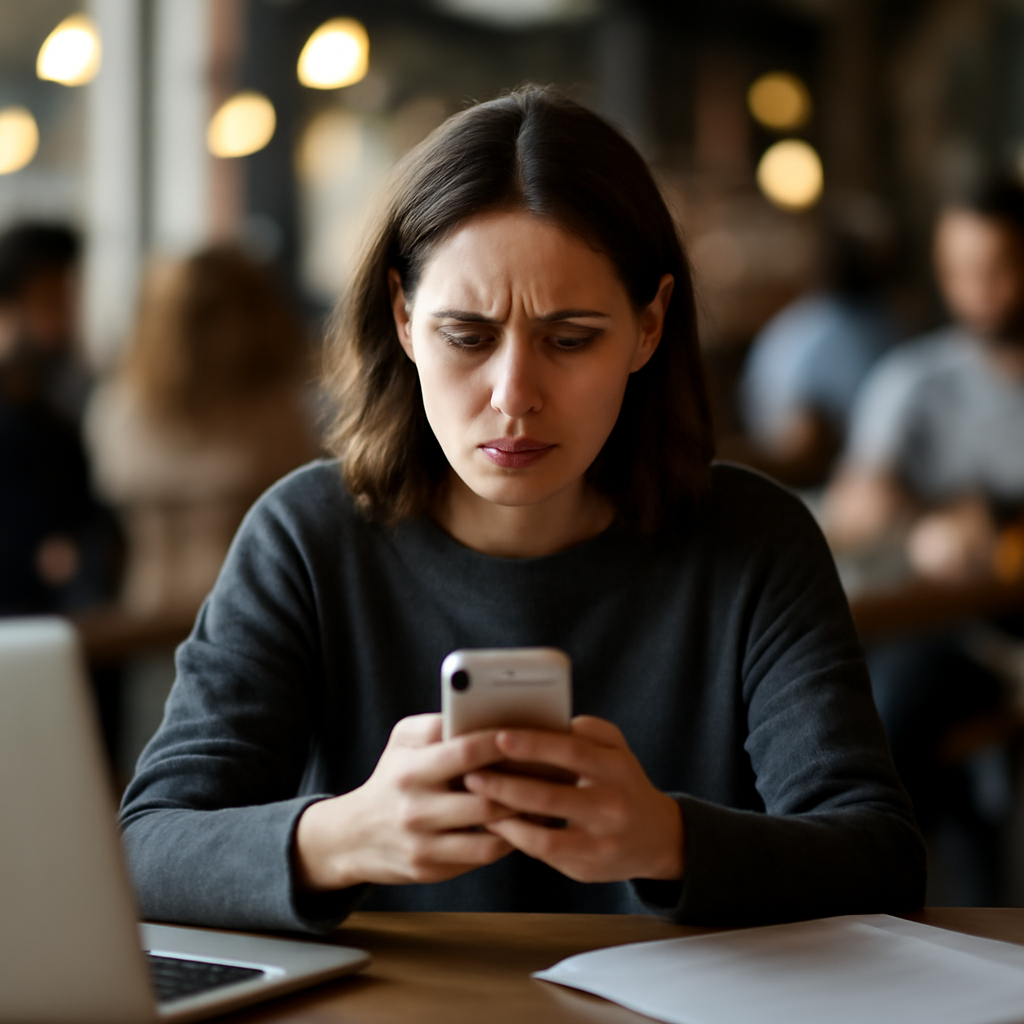 Person sitting at a coffee shop table looks concerned while holding a smartphone, surrounded by blurred cafe patrons and a…