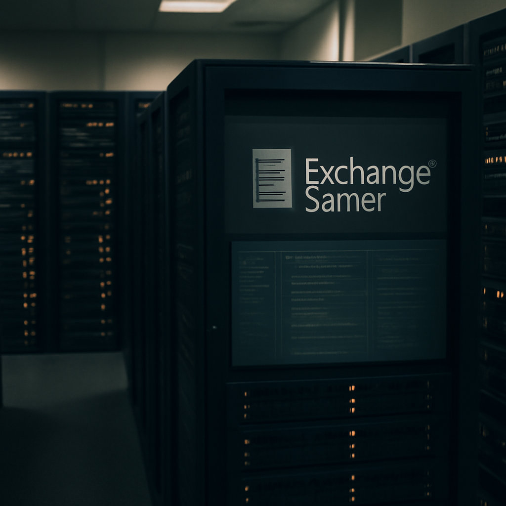 Rows of computer servers and networking equipment with a focused Microsoft Exchange server interface on a screen.