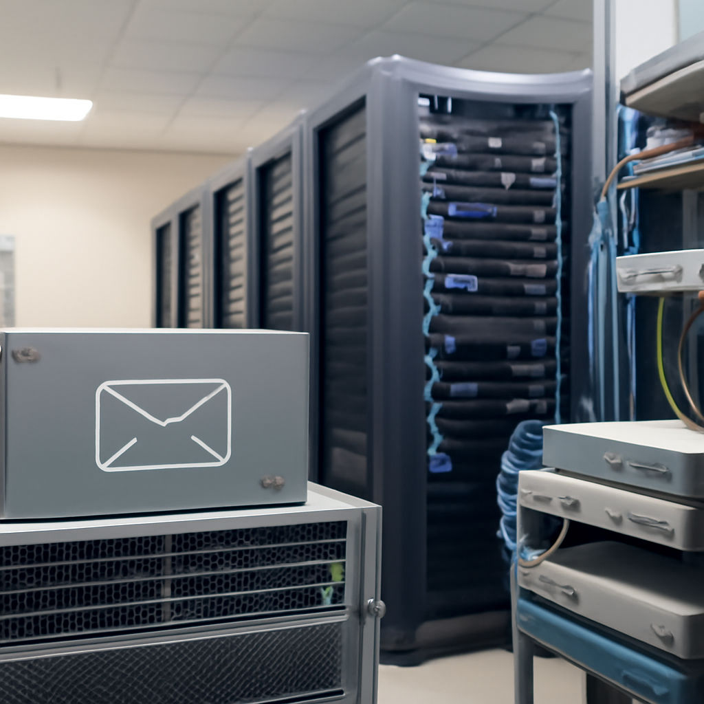 Rows of computer servers and network equipment in a brightly-lit corporate network operations center.