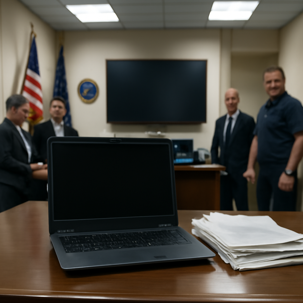 Government officials gather in a secure briefing room with a computer screen visible in the background.