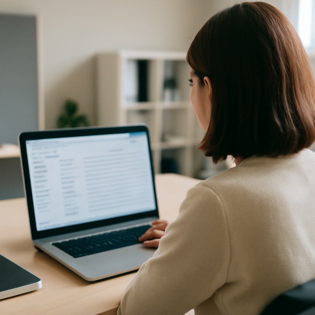 Person sitting at desk with laptop displaying blurred webmail interface.