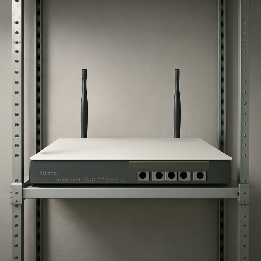 Large empty internet router centered on a rack in a neutral-colored industrial network closet.