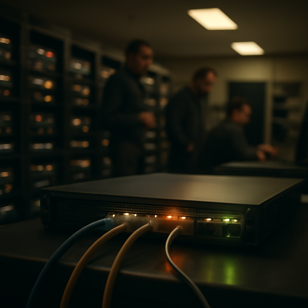 Technicians monitor rows of networking equipment with blinking lights in a dimly lit control room.