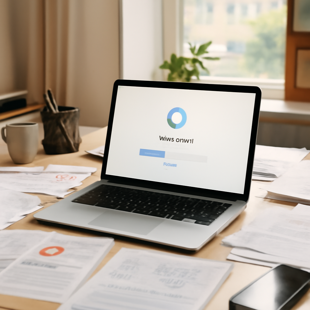 Laptop on cluttered home office desk with video conferencing installer open, surrounded by papers and a smartphone.
