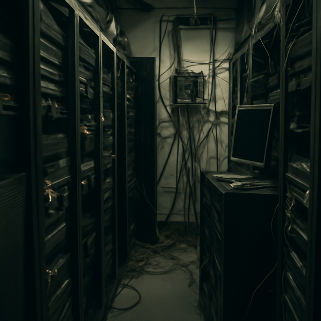 Dimly lit server room with rows of computer servers and networking equipment, suggesting a compromised environment.