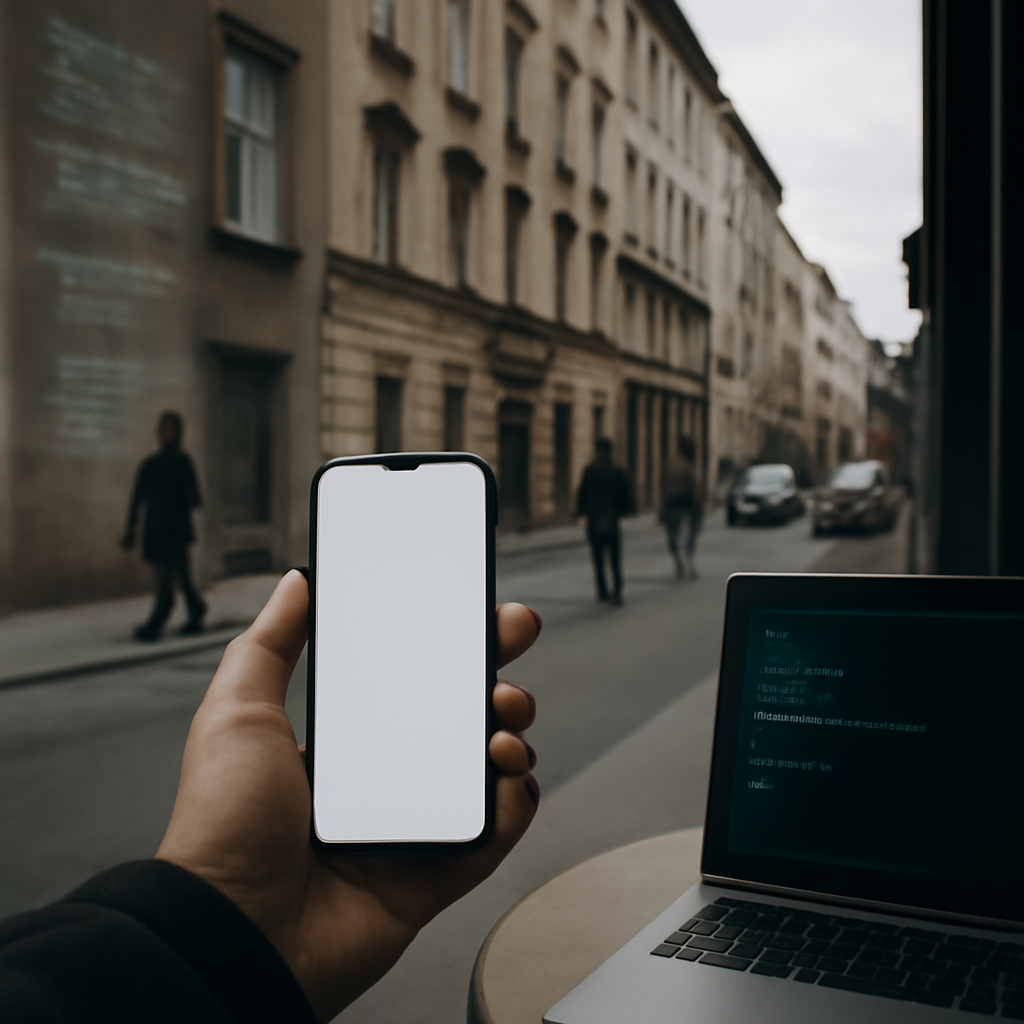 Person holding smartphone with blank screen amidst subtle cyber activity hints in Eastern European-style city street.