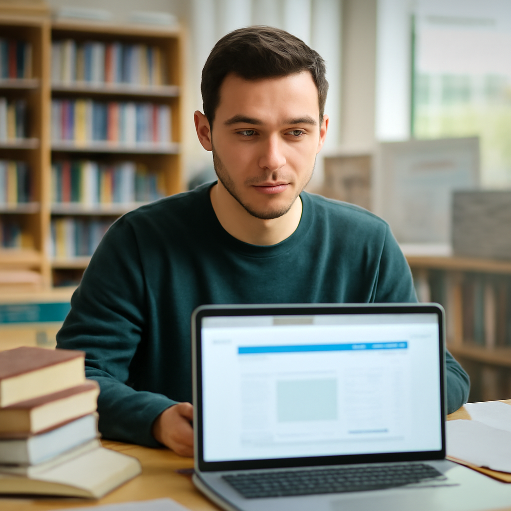 Person working on laptop in quiet library space with blurred screen.