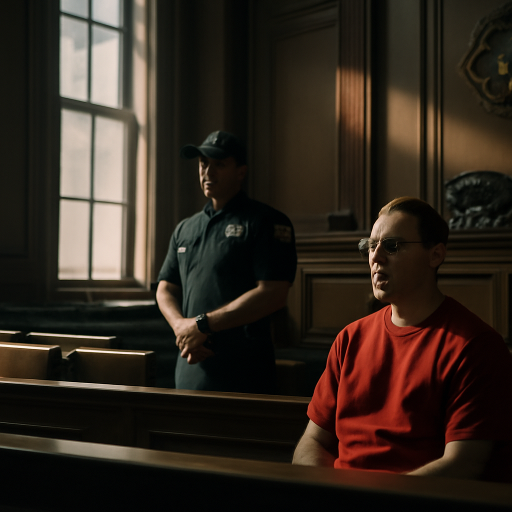 Russian defendant sits in federal courtroom with officer nearby.