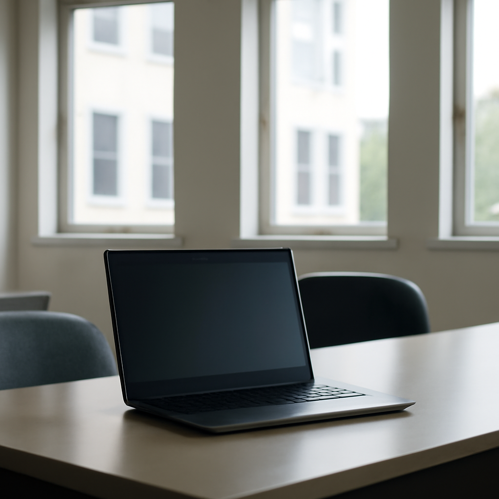 Office interior with laptop on a desk, windows and cityscape in background.