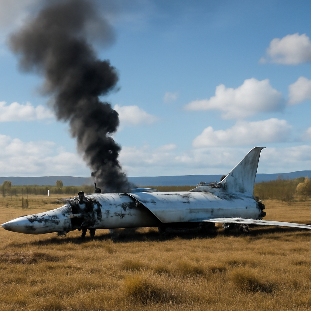 Russian bomber lies crashed in remote Siberian landscape with wreckage and smoke plume.