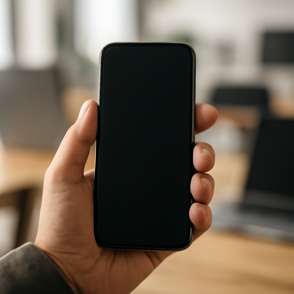 Person holding smartphone in a coffee shop with blurred online activity hints.